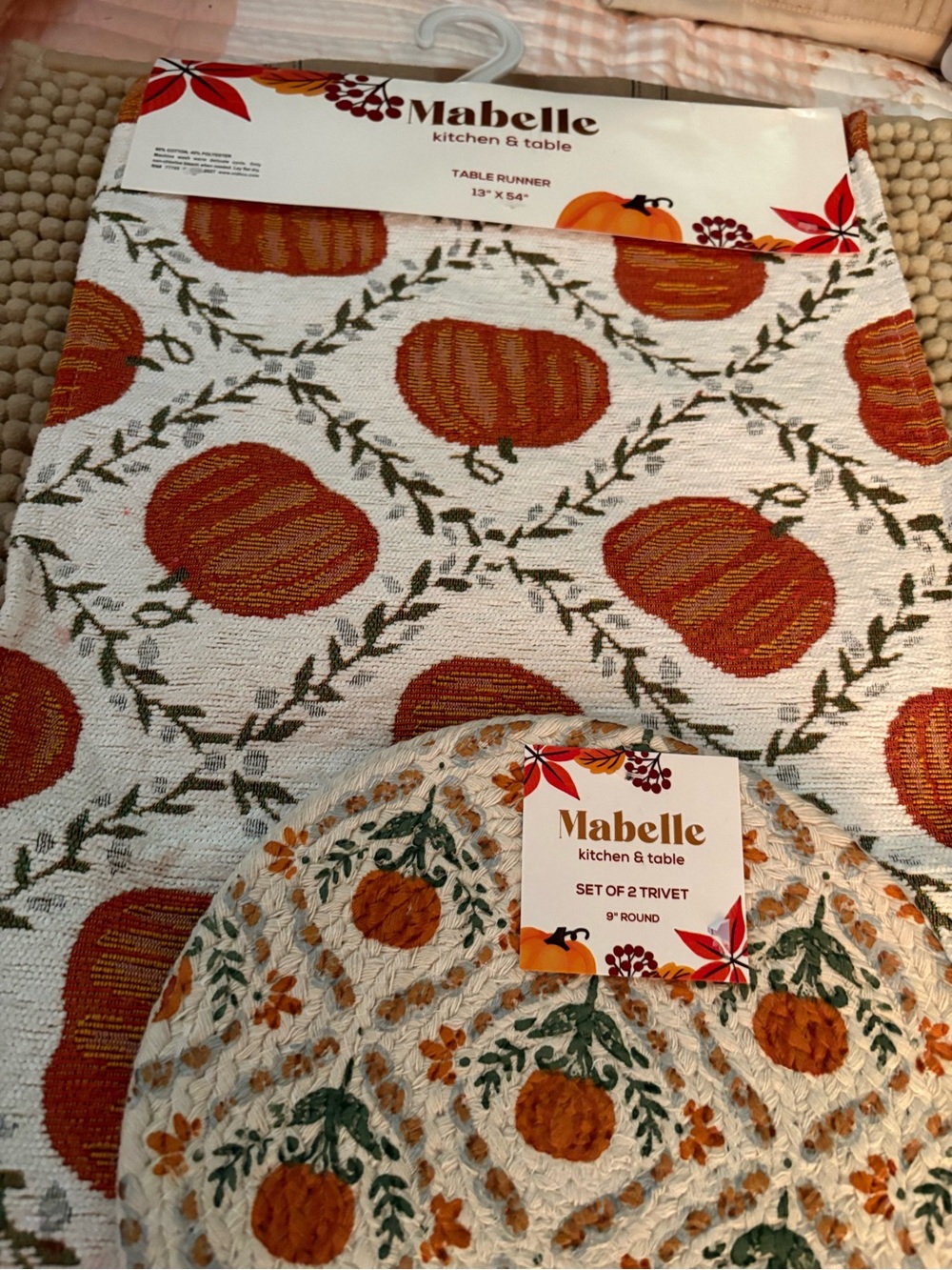 Mabelle Pumpkin table runner (13”x54” ) matching set of 2 trivets( 9” round )